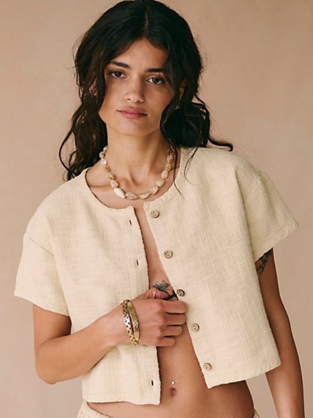 Free People Cropped Textured Button-Front Top in Pale Yellow